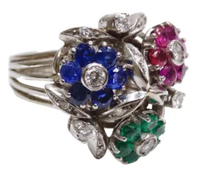 Van Cleef & Arples Platinum Floral Cocktail Ring Ruby, Emerald, Sapphires