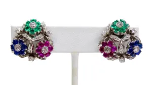 Van Cleef & Arples Platinum Floral Earrings Ruby, Emerald, Sapphires Diamonds