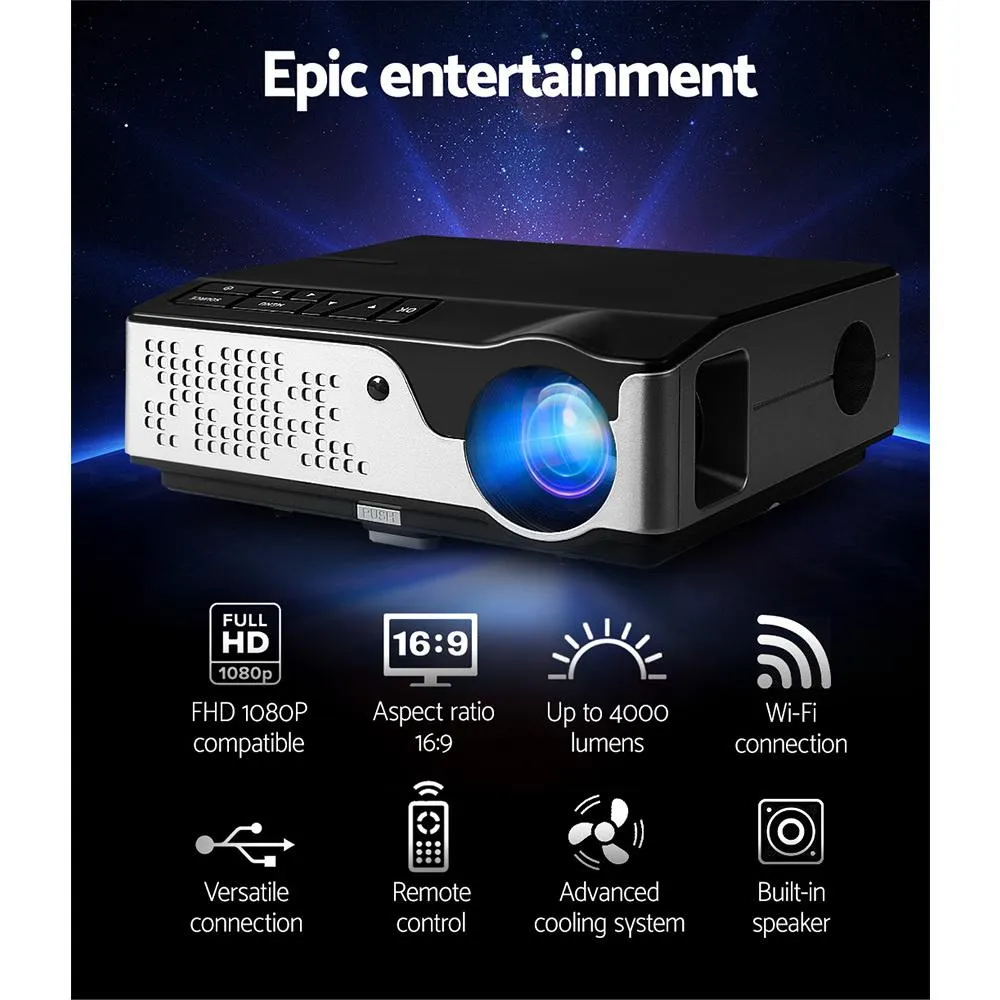 Video Projector Wifi USB Portable 4000 Lumens HD 1080P Home Theater Black