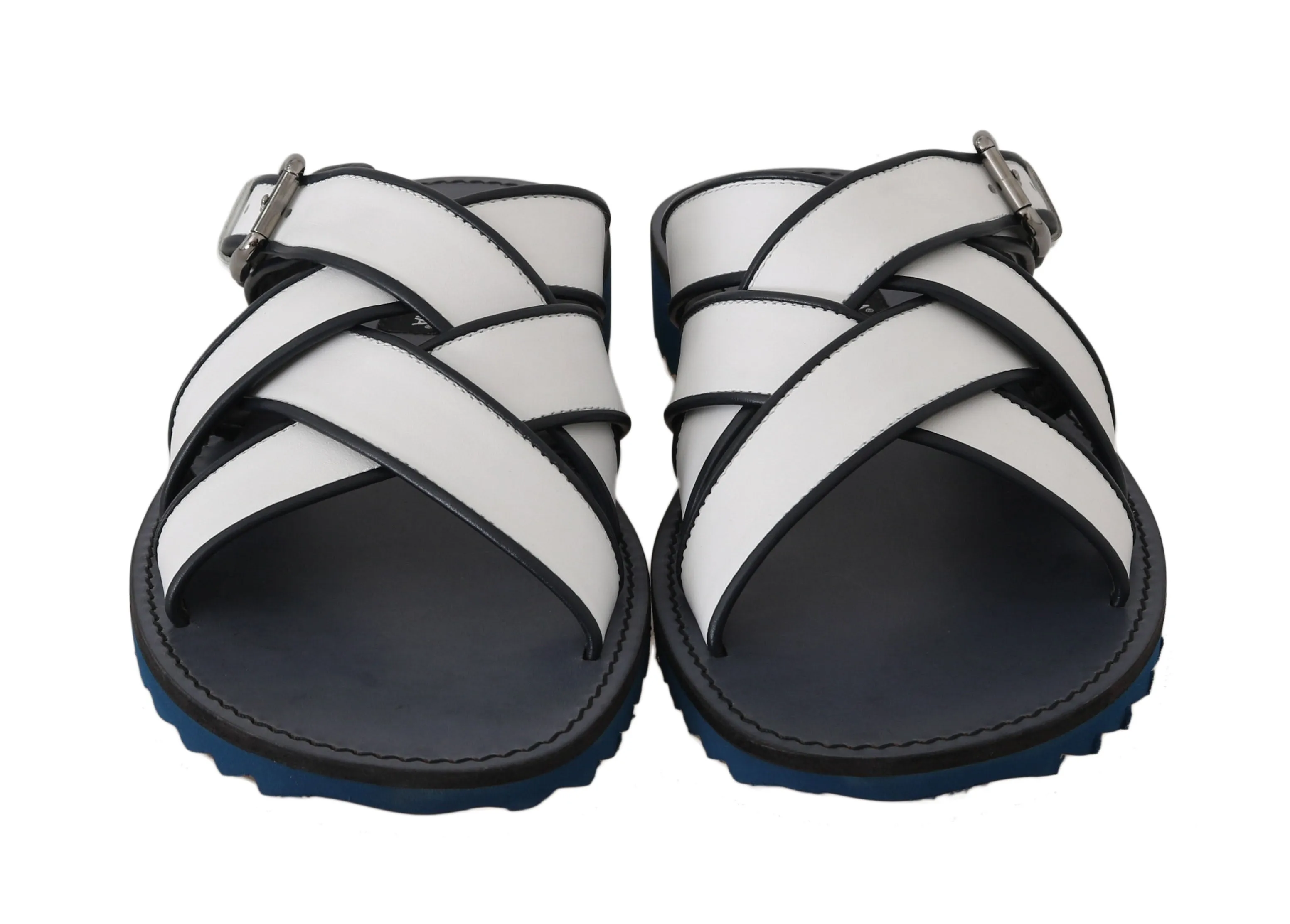 White Blue Leather Slides Sandals