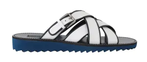 White Blue Leather Slides Sandals