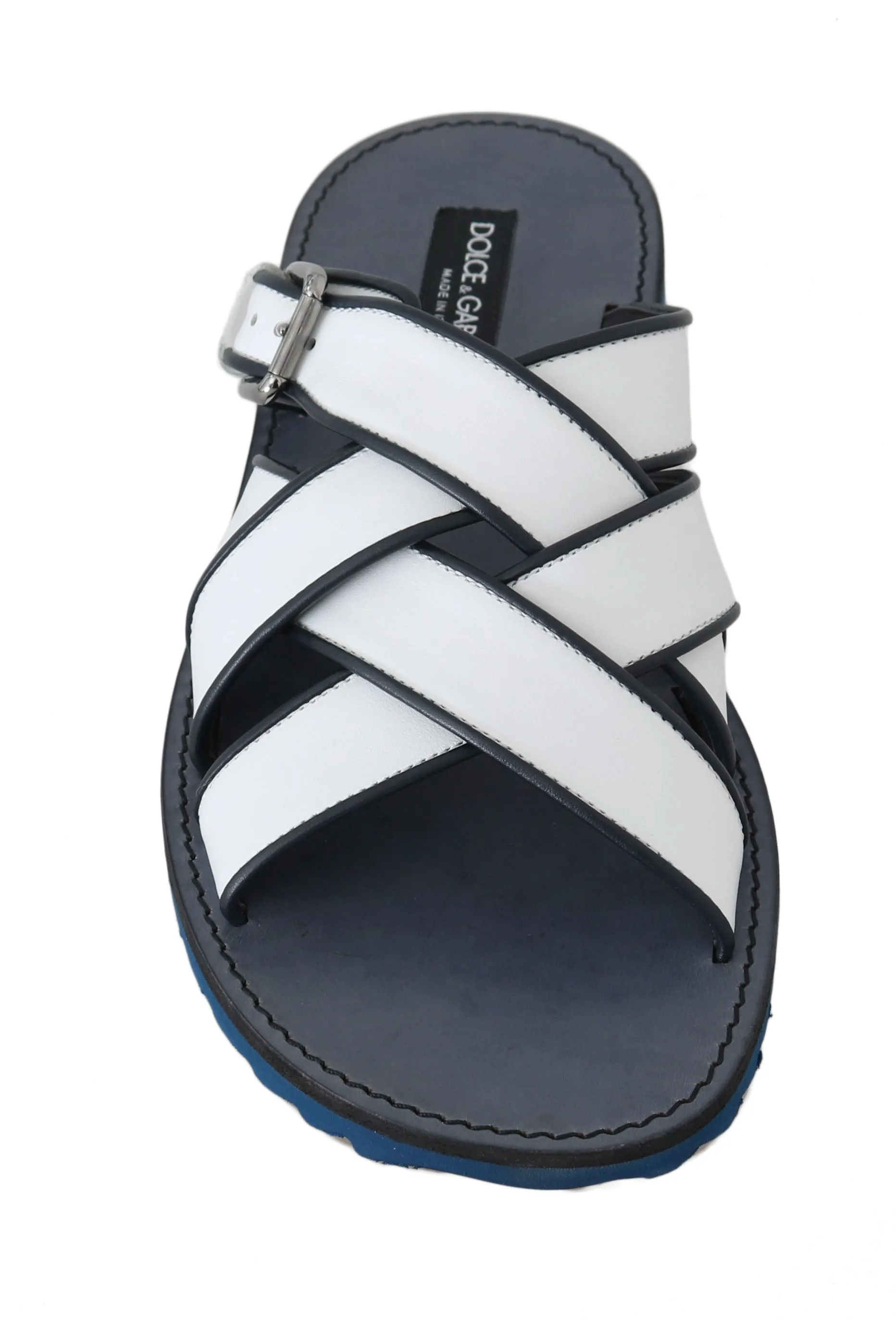 White Blue Leather Slides Sandals