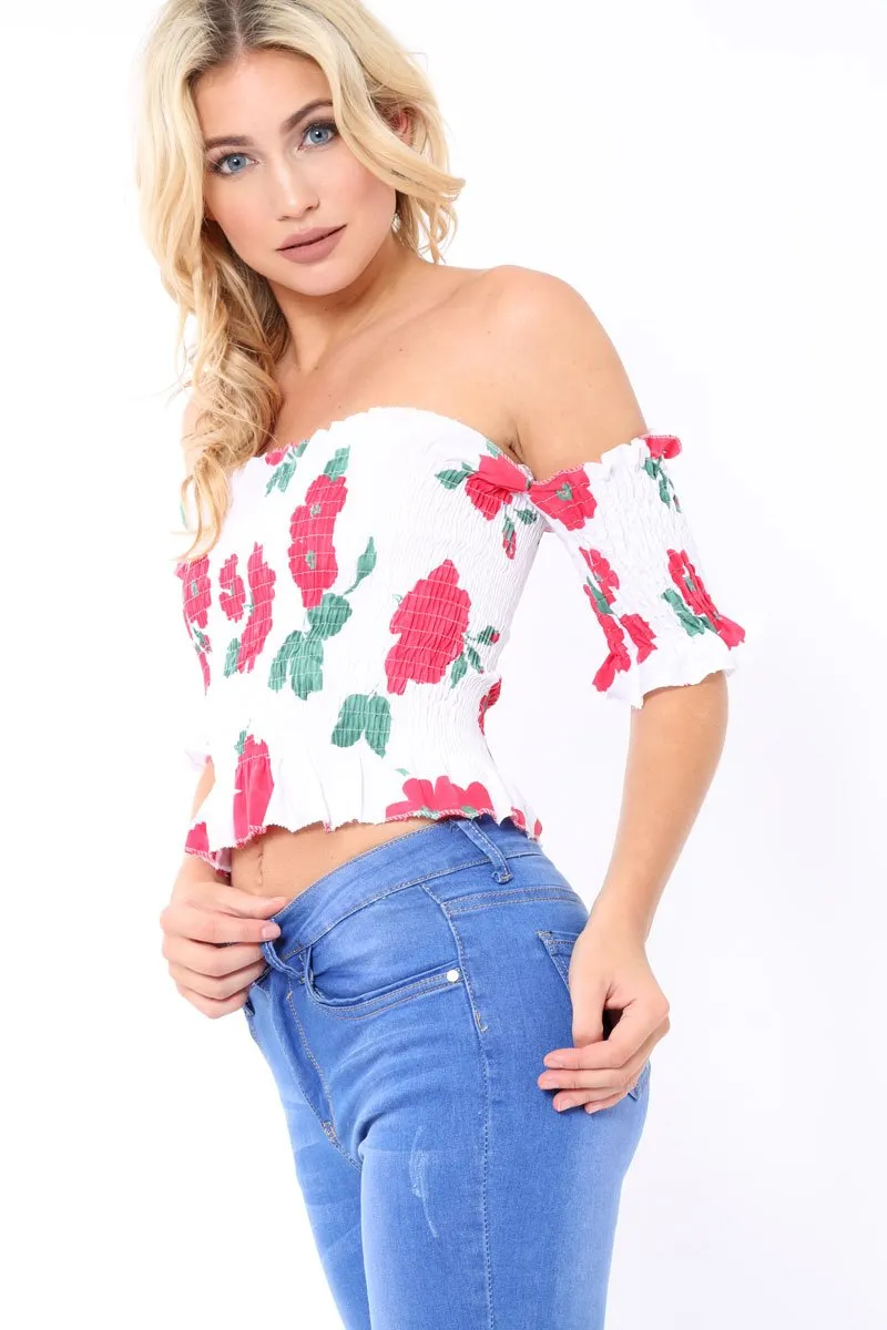 White floral Bardot Frill Shirred Crop Top - Kailah