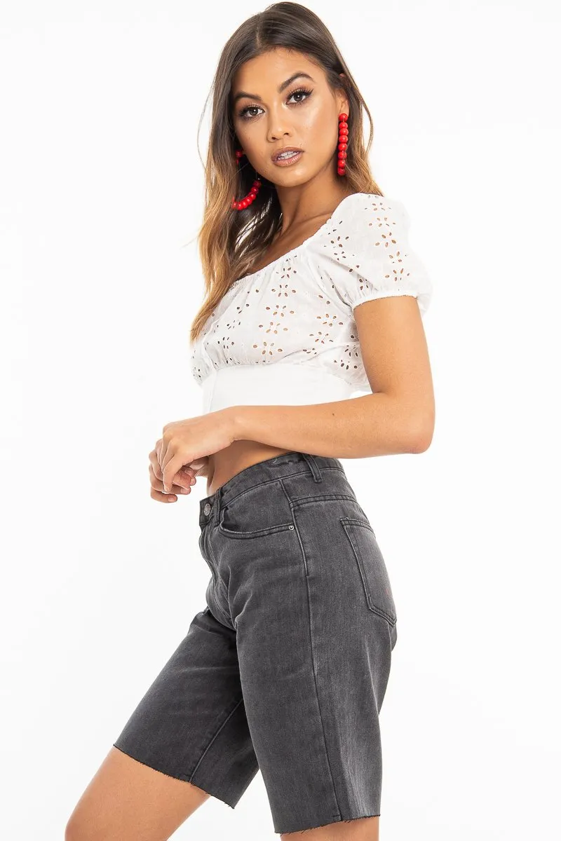 White Floral Broderie Lace Button Front Crop Top - Lydia