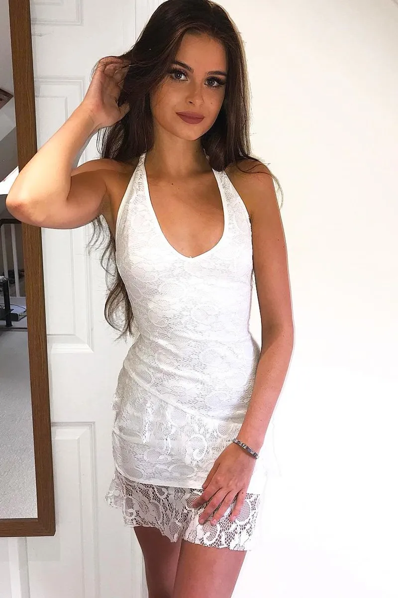 White Lace Plunge Halter Tier Mini Dress - Kenza