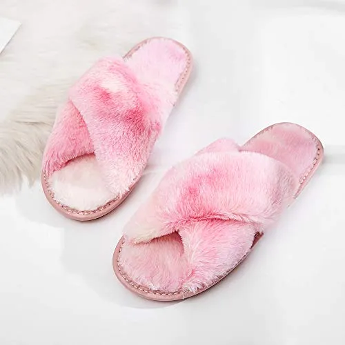 Women's Fuzzy Slippers Cross Band Soft House Slippers Indoor Outdoor Comfy Slides