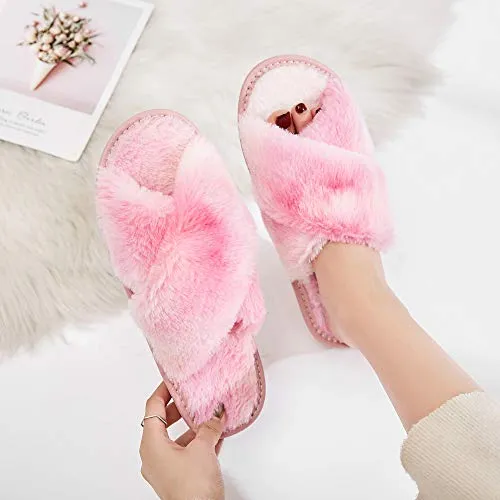 Women's Fuzzy Slippers Cross Band Soft House Slippers Indoor Outdoor Comfy Slides