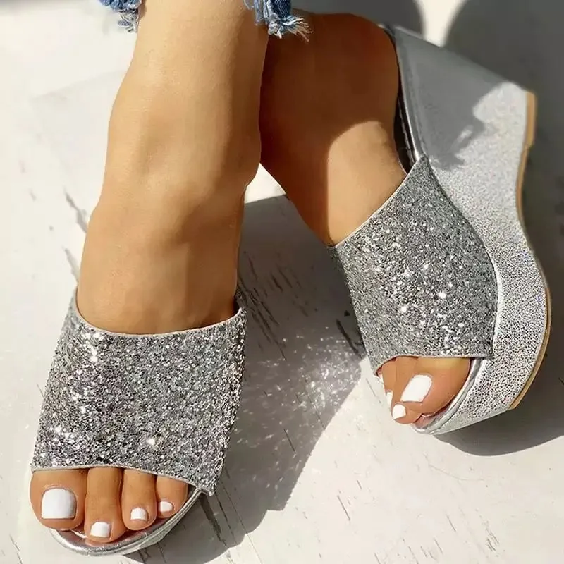 Women's Sparkly High Wedge Mesh Slip On Sandals