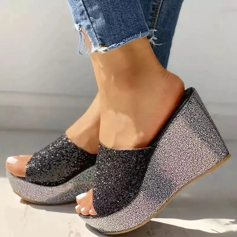 Women's Sparkly High Wedge Mesh Slip On Sandals