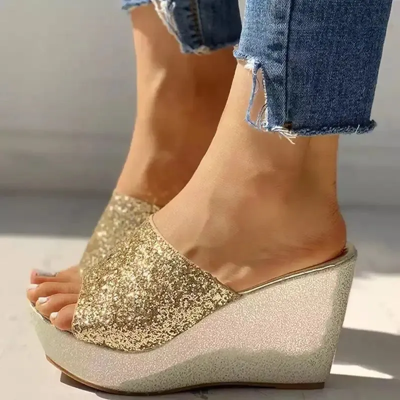 Women's Sparkly High Wedge Mesh Slip On Sandals