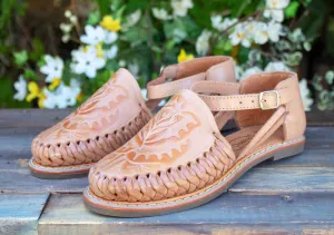 WOMENS TAN FLORAL STAMPED LEATHER HUARACHE MEXICAN SANDAL
